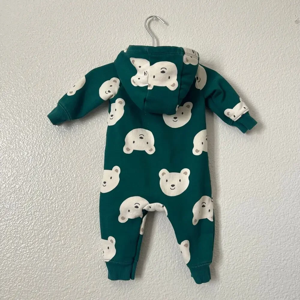 Carter’s polar bear print hooded bunting onesie green Sherpa lined hood